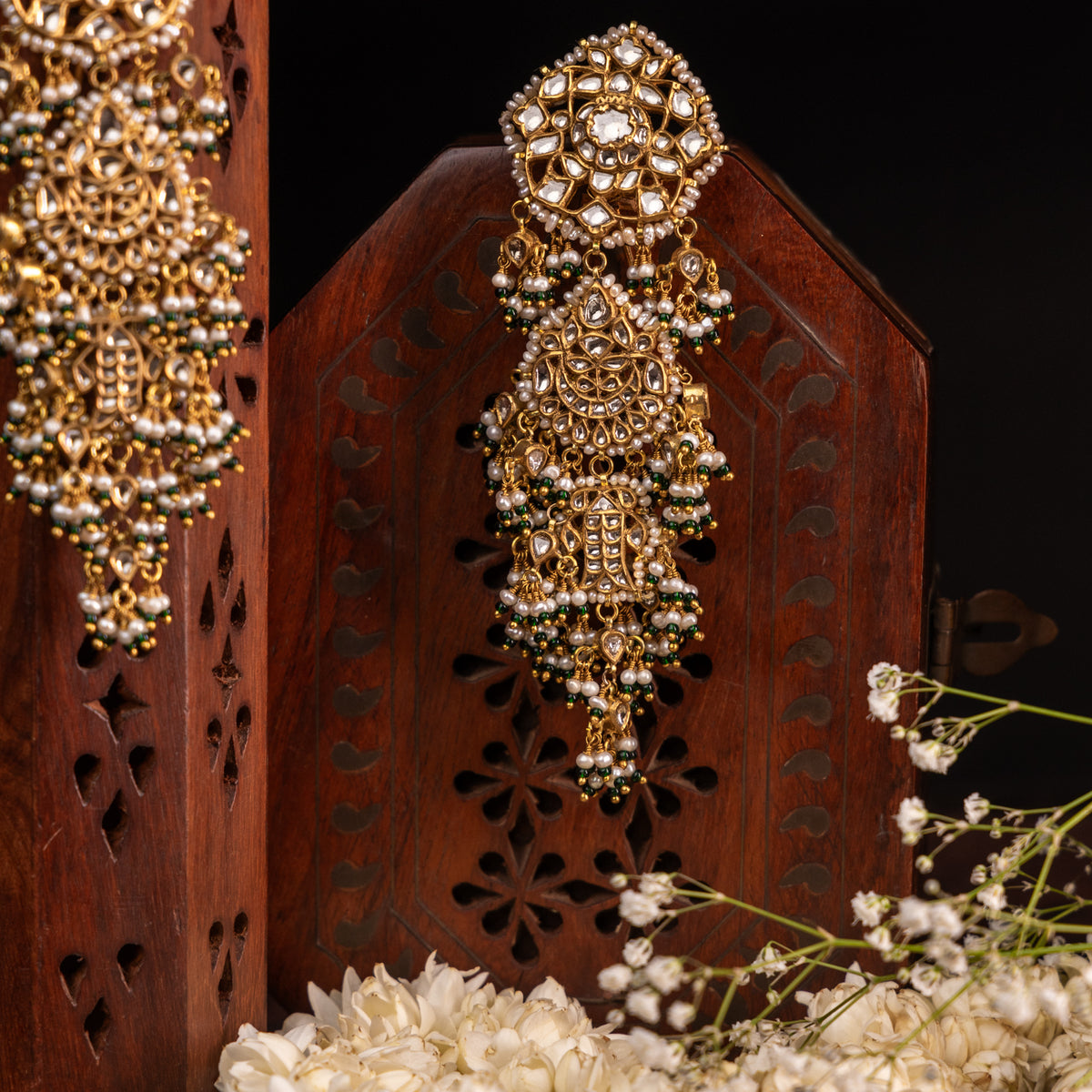 Magar Earrings In Gold Green Color Gold Plated Jadau Kundan